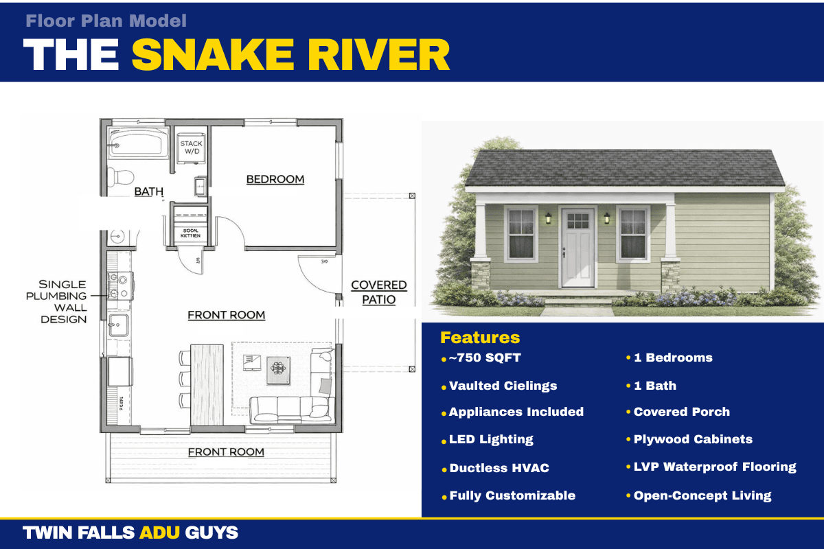 The Snake River - 750 sq ft 1-Bedroom Spacious ADU floor plan