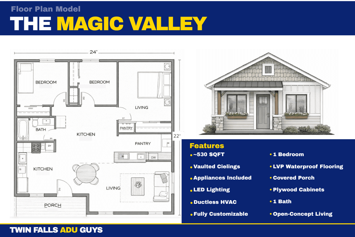 The Magic Valley floor plan — 900 sq ft 2 Bed