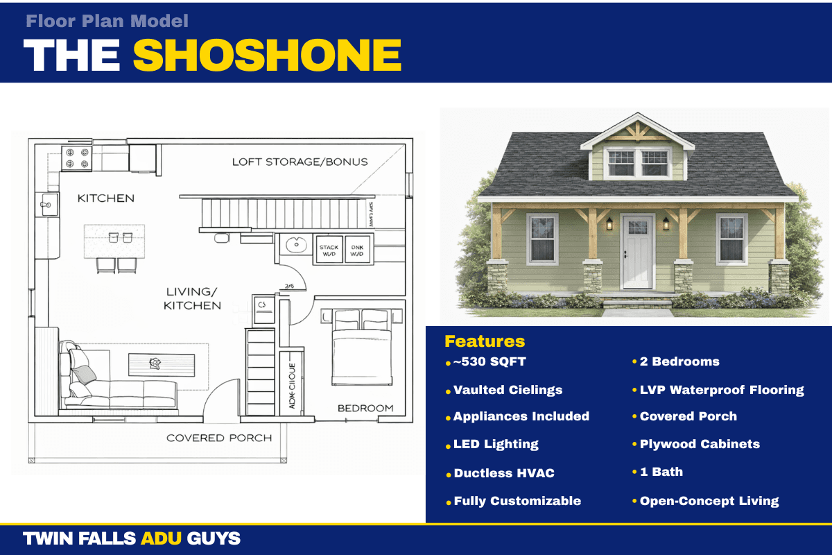 The Shoshone floor plan — 600 sq ft 1 Bed